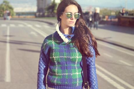 lovehandmade_fashion blog_barbara valentina grimaldi_preppy look for winter_fay total look_check pattern sweater_green pleated skirt_borsa fay nappe_cut out boots pimkie_mirrorshades zerouv_2014 winter OOTD