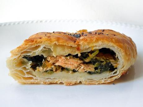 strudel with spinach, pumpkin and salmon