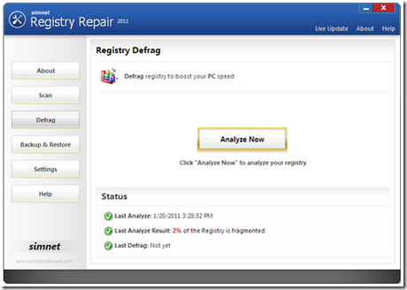 Simnet Registry Defrag thumb Ottimizzare, velocizzare e deframmentare il registro di sistema con Simnet Registry Repair