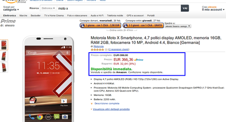 Super offerta: Motorola Moto X White con vendita e spedizione Amazon Prime a soli 366 euro