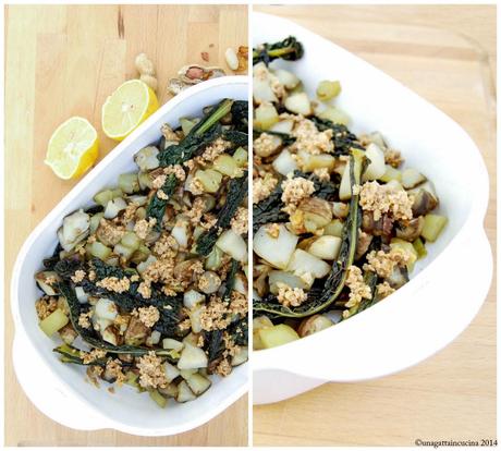 Insalata di topinambur e cavolo nero al forno con vinaigrette alle arachidi