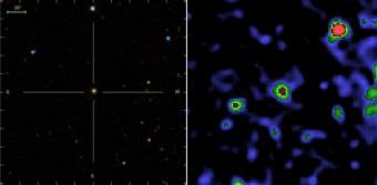 Il quasar ULAS J1120+0641 ripreso nella luce visibile (a sinistra) e nei raggi X dal telescopio spaziale XMM Newton (a destra). Crediti: Sloan Digital Sky Survey (immagine nel visibile), ESA (immagine nei raggi X)