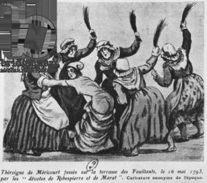 Theroigne de Mericourt whipped by a group of Parisian Jacobin women, 16th May 1793 (w/c on paper); Bibliotheque des Arts Decoratifs, Paris