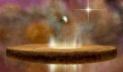 Rappresentazione artistica di due protostelle attorno a una stella di tipo O (quelle più calde e luminose). Nell'immagine si nota che le radiazioni della stalla stanno spazzando via gas e polvere del disco protoplanetario più vicino. Crediti: NRAO/AUI/NSF; B. Saxton  