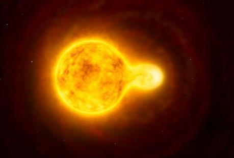 Questa rappresentazione artistica mostra la stella ipergigante gialle HR 5171. È un tipo di stella rarissimo: appena una dozzina di casi sono noti nella nostra galassia. Le osservazioni con l'Interferometro del VLT (VLTI) dell'ESO hanno dimostrato che è in realtà una stella doppia, con la compagna in contatto con la stella principale. Crediti: ESO