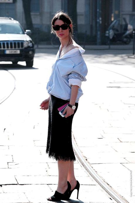 In the Street...Irina Lakicevic...Double Shirt knotted at the waist, Milan