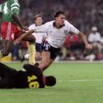 English forward Gary Lineker is tripped by Cameroo