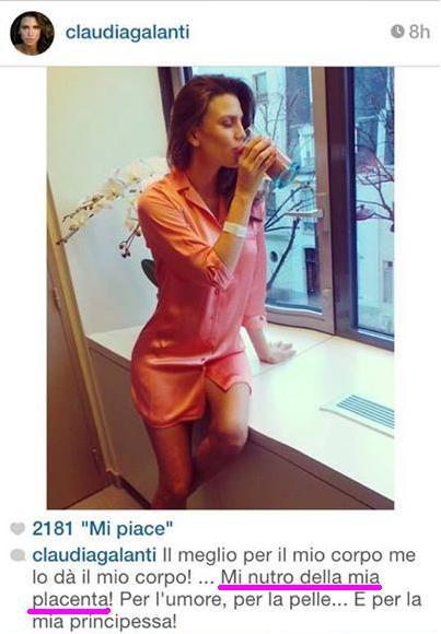 Claudia Galanti, dopo il parto, beve la placenta su Instagram