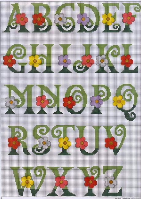 Schema per il punto croce: Alfabeto con i fiori