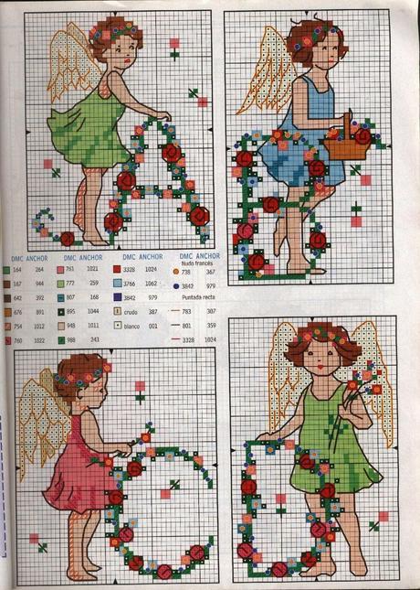 Schemi per il punto croce: Alfabeto con angeli e fiori