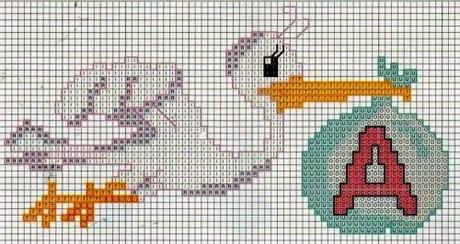 Schemi per il punto croce: Cicogna con monogramma a punto croce