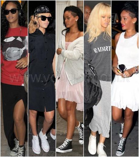 Il nuovo trend delle star: le sneakers con la gonna, copia il look di Rihanna