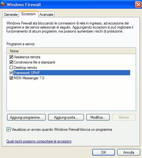 UPnP - Eccezione nel firewall di Windows XP