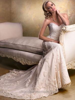 Sheath/Column Sweetheart Lace Satin Sweep Train Beading Ivory Wedding Dresses#00016246