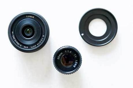 Lente Panasonic Lumix 14mm f/2.5, anello adattatore C-Mount/MFT e lente CCTV.