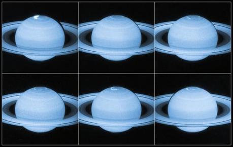 Immagini in ultravioletto delle aurore boreali di Saturno ottenute con l’Advanced Camera for Surveys dello Hubble Space Telescope. Le aurore, chiaramente distinguibili vicino al polo nord, mostrano cambiamenti in forma nel corso dell’intervallo di osservazione. Crediti: NASA, ESA, Jonathan Nichols (University of Leicester)