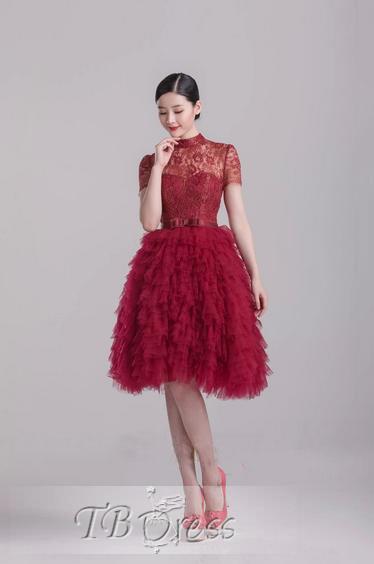 Vintage High Neck Lace Button Bowknot Tiered Short Sleeves Knee-Length Prom Dress