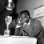 Sport. Football. circa 1958. Brazil's young star Pele with his eyes on the ultimate prize the Jules Rimet World Cup trophy. Pele was perhaps the most famous footballer of all time and featured in 4 World Cups,forced out of the finals in Chile in 1962 and