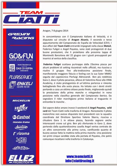 Team Ciatti - Comunicato Stampa Round 2&3 CEV @ Aragon