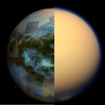 Un montaggio delle immagini degli strumenti di Cassini che mostra Titano visto nel visibile (a destra) e nell'infrarosso. 