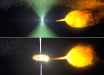Queste rappresentazioni artistiche mostrano la pulsar J1023 prima (sopra) e dopo (sotto) la scomparsa del suo segnale radio intermittente. Crediti: NASA's Goddard Space Flight Center 