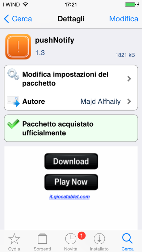 La scheda riassuntiva del tweak su Cydia