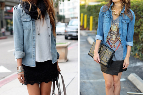 how-to-wear-a-denim-shirt-mini-skirt-straight-tshirt