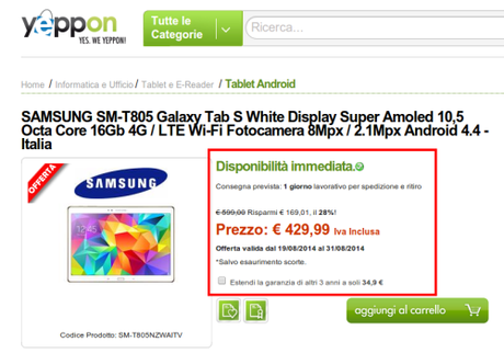 Promozione Samsung Galaxy Tab S 10.5 Sm t805 Galaxy Tab S White Display Super SM T805NZWAITV