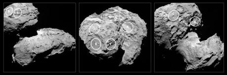 I 5 candidati per l'atterraggio di Philae identificati da Rosetta sulla cometa 67P/Churyumov-Gerasimenko. I 5 luoghi sono identificati su un'imagine catturata il 16 Agosto dalla camera OSIRIS narrow-angle camera da una distanza dalla cometa di 100 km (il nucleo misura circa 4 Km). I luoghi sono identificati dalle lettere A, B, C I e J, nominati non in ordine di preferenza: B, I e J sono situati sul lobo più piccolo mentre A e C sono sul lobo più grande della cometa. Crediti: ESA/Rosetta/MPS for OSIRIS Team MPS/UPD/LAM/IAA/SSO/INTA/UPM/DASP/IDA 