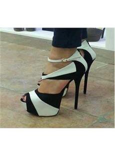 Fashionable Two-tone Black And White Stiletto Heel Open Toe Girl Pumps