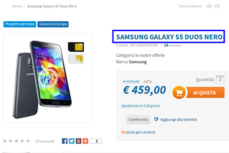 Samsung Galaxy S5 Duos (dual sim) disponibile in Italia