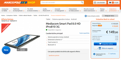 Tablet Mediacom Smart Pad 8.0 HD iPro810 3G in offerta su Marco Polo Shop 600x299 Mediacom Smart Pad 8.0 HD iPro810 3G disponibile da MarcoPoloShop a 149 euro tablet  