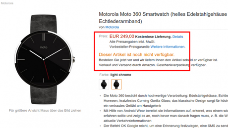 Motorola Moto 360 Smartwatch Amazon.de Elektronik 600x338 Motorola Moto X e Moto 360 arrivano in preordine su Amazon Germania news  motorola moto x 2014 motorola moto 360 