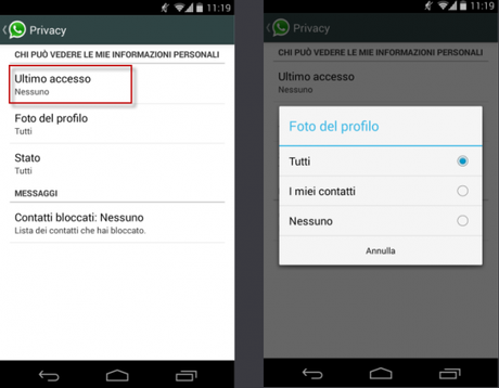 nascondere stato di Whatsapp