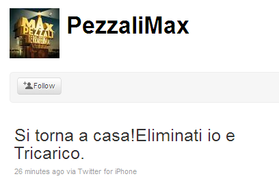 Ore 0.25: Prima dell’eliminazione ufficiale in diretta, su Twitter, Max Pezzali annuncia la sua eliminazione!