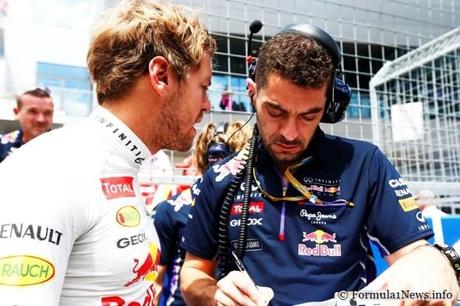 Sebastian Vettel Red Bull Racing talks to to Rocky ahead of the race