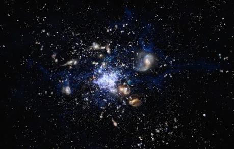 In questa rappresentazione artistica si vede la formazione di un ammasso di galassie nell'Universo primordiale. Questa scena ricorda molto la galassia Tela di Ragno (Spiderweb in inglese; formalmente nota come MRC 1138-262), uno degli ammassi meglio studiati, e la zona circostante. Crediti: ESO/M. Kornmesser
