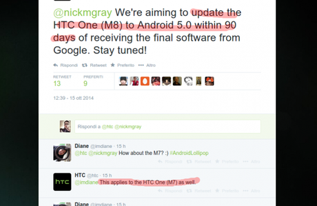 HTC su Twitter nickmgray We re aiming to update the HTC One M8 to Android 5.0 within 90 days of receiving the final software from Google. Stay tuned  600x390 HTC One M8 e M7 riceveranno laggiornamento ufficiale ad Android 5.0 Lollipop smartphone news  Aggiornamento HTC 