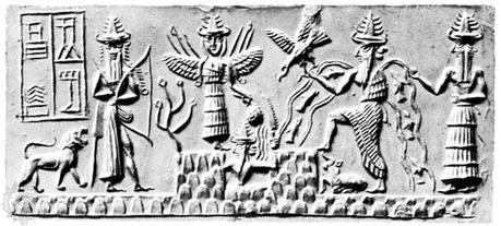 Shamash, il dio del sole, tra Ishtar (sumero: Inanna), la dea della fecondità e della bellezza; Ninurta, dio della pioggia, della fertilità, della guerra, dei temporali, con il suo arco e il leone, ed Ea (sumero: Enki), dio dell'acqua.
