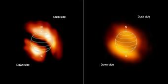 Le mappe delle concentrazioni di isocianuro di idrogeno a sinistra) osservazioni di ALMA mostrano nella alta atmosfera di Titano concentrazioni di 