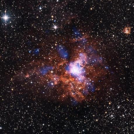 Un giovane cluster stellare a 5,500 anni luce dalla Terra. RCW 38 visto ai raggi X e all'infrarosso. Crediti: X-ray, NASA/CXC/ESA-ESTEC/E.Winston et al, Near-IR: 2MASS/UMass/IPAC-Caltech/NASA/NSF; Infrared, NASA/JPL-Caltech