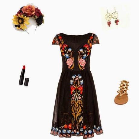 Outfit in stile Frida Kahlo realizzato da SophieMaeStyle, con orecchini etnici a spirale fatti a mano da PetiteFraise Handmade