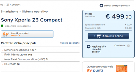 Smartphone Sony Xperia Z3 Compact in offerta su Unieuro