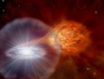 Rappresentazione artistica di una nova, con la nana bianca (sx) su cui cade un flusso di idrogeno estratto da una stella compagna (dx). Crediti: David. A. Hardy / astroart.org / STFC