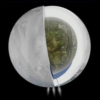 Spaccato dell’interno di Encelado così come lo si può ipotizzare in base ai dati raccolti da Cassini. Dati che suggeriscono un guscio esterno ghiacciato, un nucleo roccioso poco denso e, nel mezzo, verso il polo sud e dunque al di sotto dei pennacchi, un oceano d’acqua. Crediti: NASA/JPL-Caltech