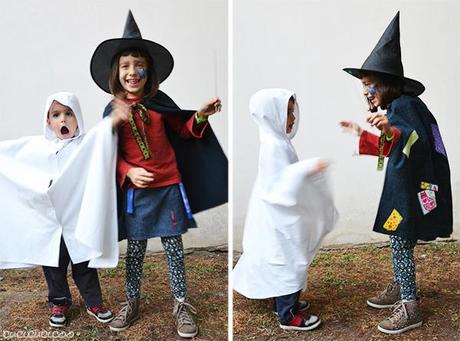 Simple Halloween costumes: a witch cape and a ghost costume with a hood