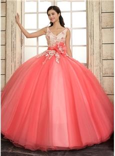 Dramatic V-Neck A-Line Straps Lace Flowers Lace-up Floor-Length Quinceanera Dress & fairy Quinceanera Dresses