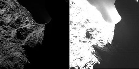 Un’immagine della cometa 67P/Churyumov-Gerasimenko scattata lo scorso 30 ottobre da OSIRIS da una distanza di circa 30 chilometri. L'immagine è mostrata con due livelli di saturazione differente: mentre nell'immagine a sinistra la metà è totalmente buia, nell’immagine a destra diventano visibili alcune caratteristiche della superficie. Credits:ESA/Rosetta/MPS for OSIRIS Team MPS/UPD/LAM/IAA/SSO/INTA/UPM/DASP/IDA