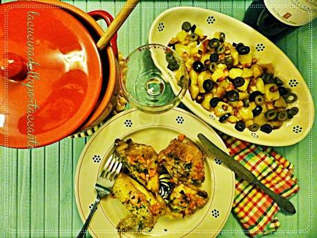 Galletto stufato e contorno di patate arrosto, prosciutto di Cinta Senese e olive / Rooster stew and roast potatoes, ham of Cinta Senese and olives