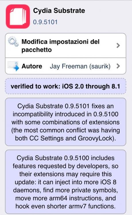 Jailbreak iOS 8.0/8.x – Saurik rilascia un nuovo aggiornamento del Cydia Substrate [Aggiornato Vers. 0.9.5101]